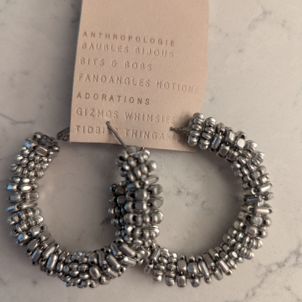 Anthropologie Metallic Beaded Hoop Earrings. 1.38 Inches In Diameter - Picture 2 of 8